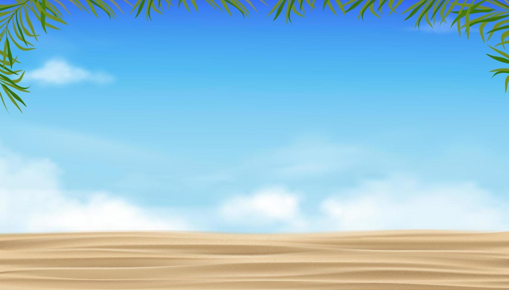 playa de arena tropical, mar, cielo azul y luz del sol brillando en verano. playa de mar vectorial, hojas de palma de coco en la mañana soleada, fondo de banner de ilustración de horizonte de paisaje natural junto al mar vector