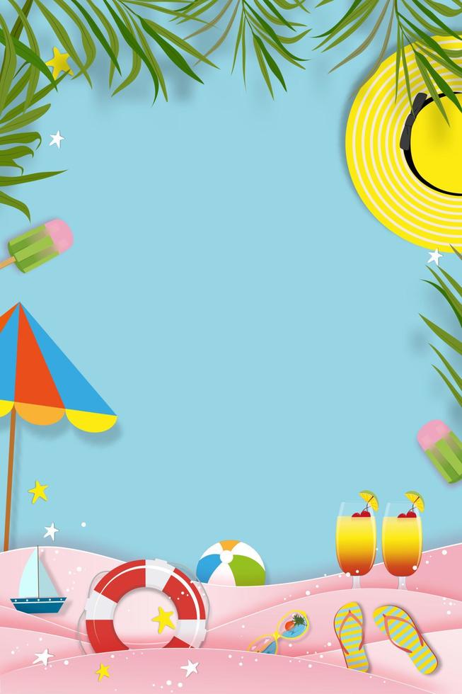 fondo de verano con tema de vacaciones de vacaciones en la playa en capa de onda rosa y espacio de copia, corte de papel plano vectorial de diseño de verano tropical, hoja de palma y nube sobre fondo de cielo azul vector