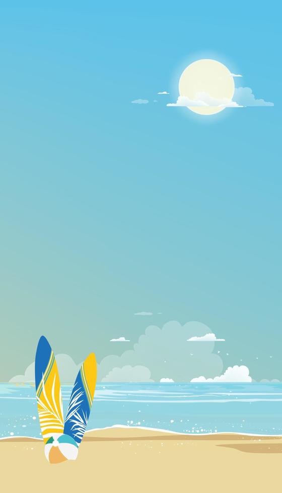 fondo de verano, paisaje marino con tabla de surf, pelota en la arena de la playa y océano azul con cielo y nubes. deporte de aventura de viaje en concepto de vacaciones de verano. naturaleza de banner de fondo vectorial para web, pantalla móvil vector