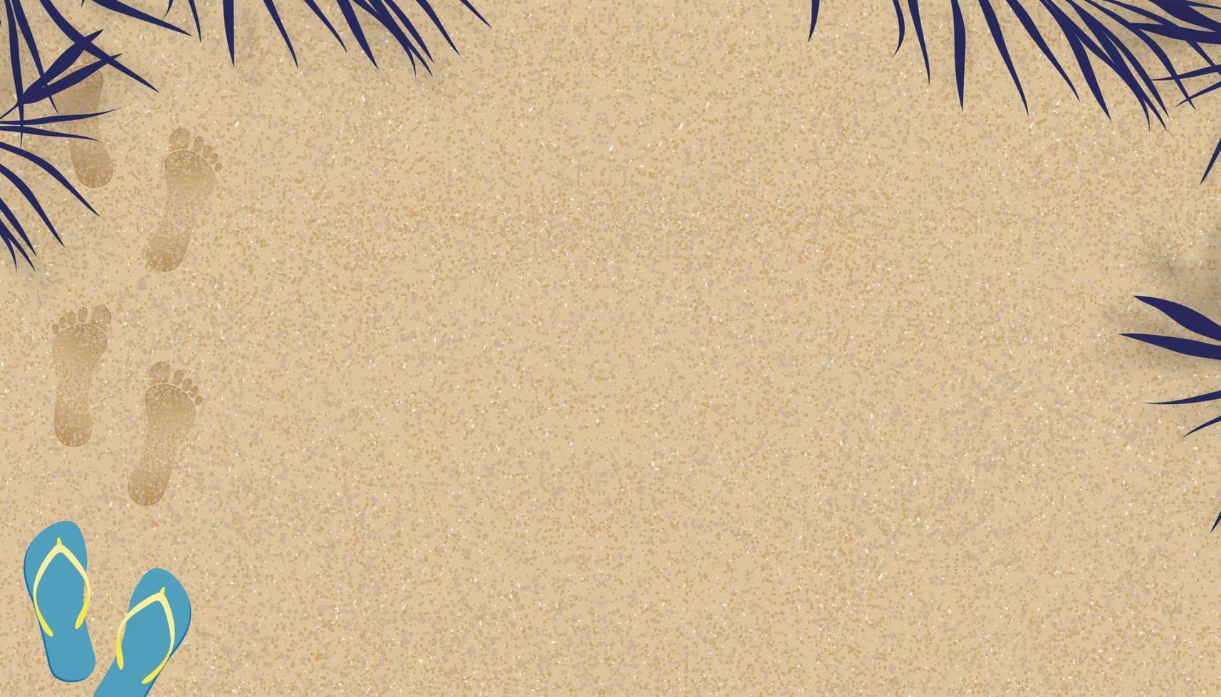 fondo de textura de playa de arena con sombra de hoja de palma y huellas de pies humanos, fondo de ilustración vectorial duna de arena de playa marrón con pies descalzos y sandalias para el fondo de la pancarta de verano. vector