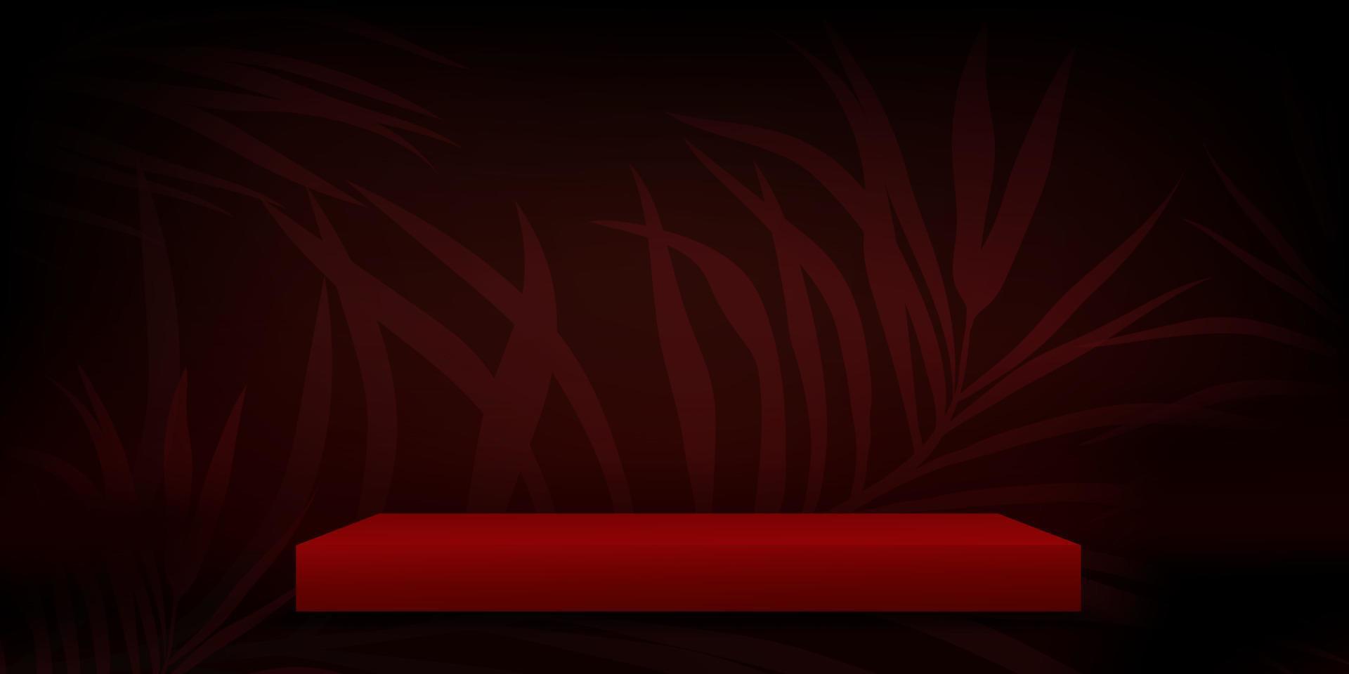 Studio room podium with red palm leaf on black wall background, Vector illustration 3D Empty Gallery with stand display or shelf,Banner design for products presentation for Holidy season sale