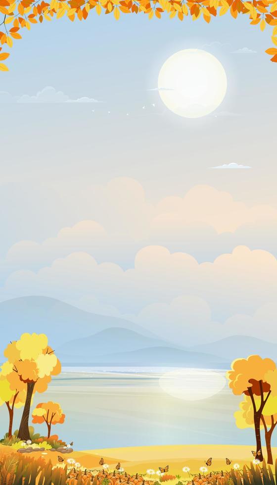 paisaje otoñal en el pueblo junto al río con pasto y montaña con cielo azul y nubes, caricatura vectorial campo otoñal junto al lago con amanecer, fondo de temporada de otoño para pantalla móvil vector