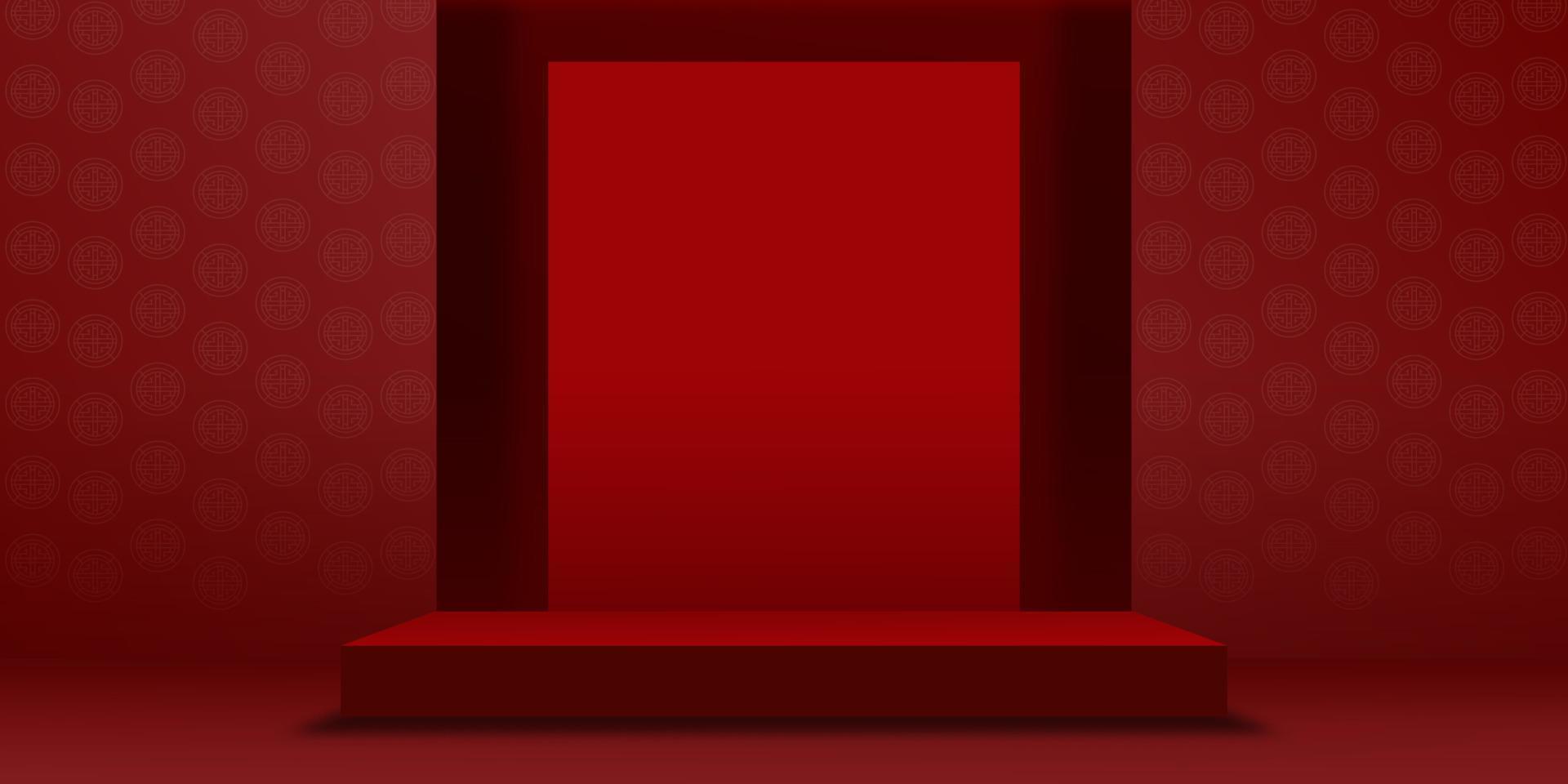 Chinese New Year backdrop,Studio room podium with lunar paper cut on red wall background, Vector illustration 3D Empty Gallery with stand display or shelf,Banner design for products presentation