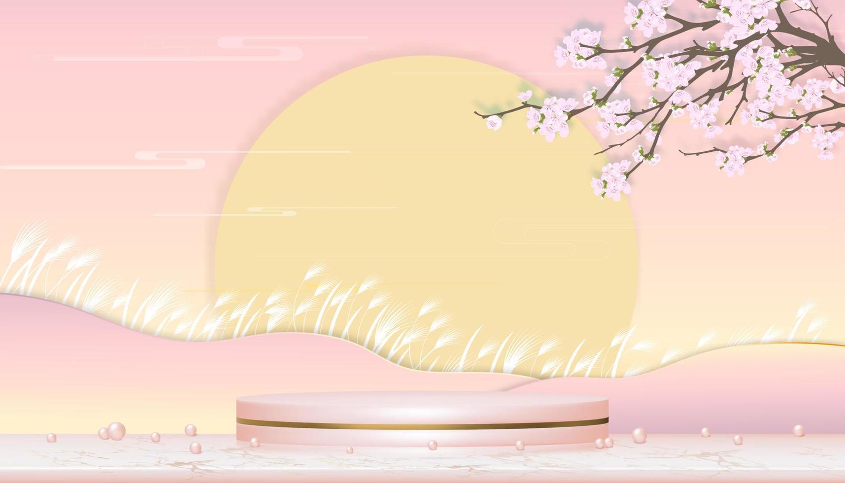 sala de estudio con pantalla de podio, flor de manzana sobre fondo rosa pastel, pancarta de fondo de primavera vectorial 3d de soporte de cilindro de oro rosa sobre suelo de mármol de lámina de oro rosa con rama floreciente sakura rosa vector