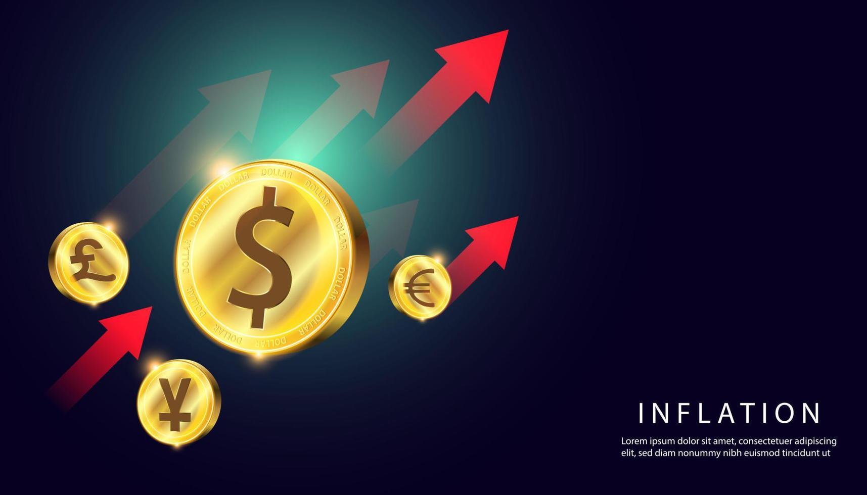 Abstract Currency Dollar Euro Yen Gold Coin On Background Hi-Tech Green Blue Concept Inflation is rising from various factors. vector