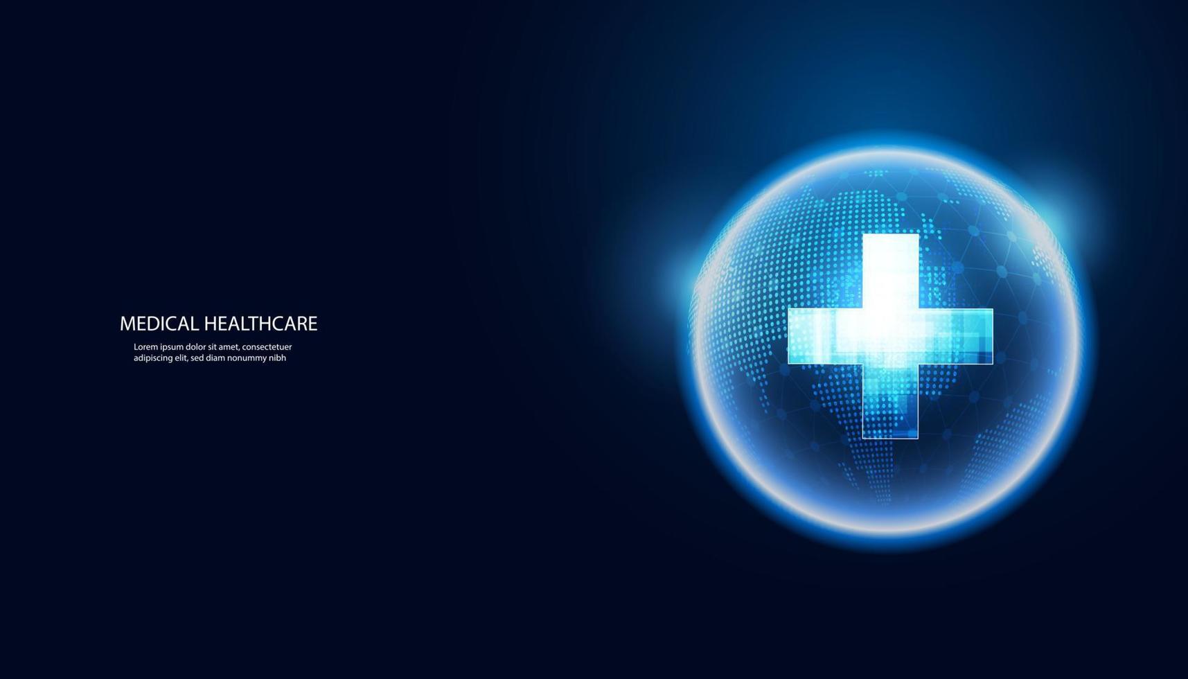 Abstract health science consist health plus circle digital and world technology concept modern medical on hi tech future blue background. vector