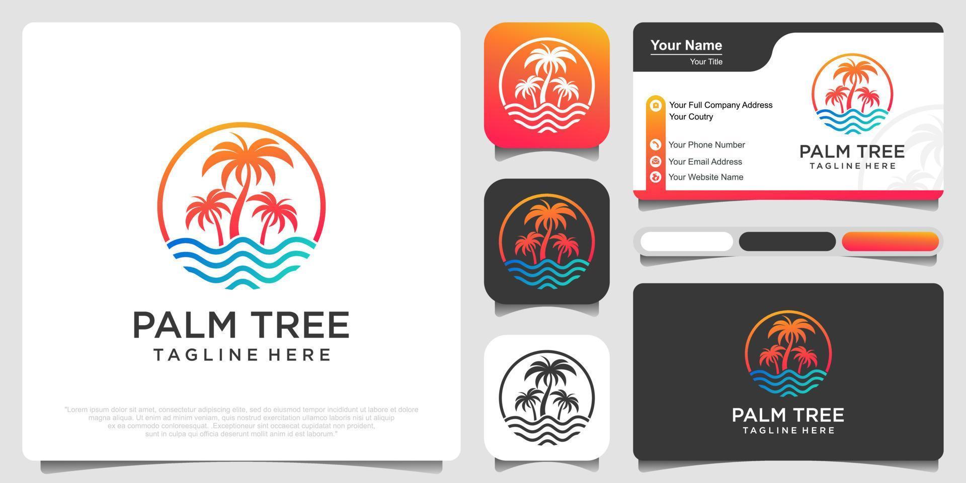 palm tree with beach and island logo design vector