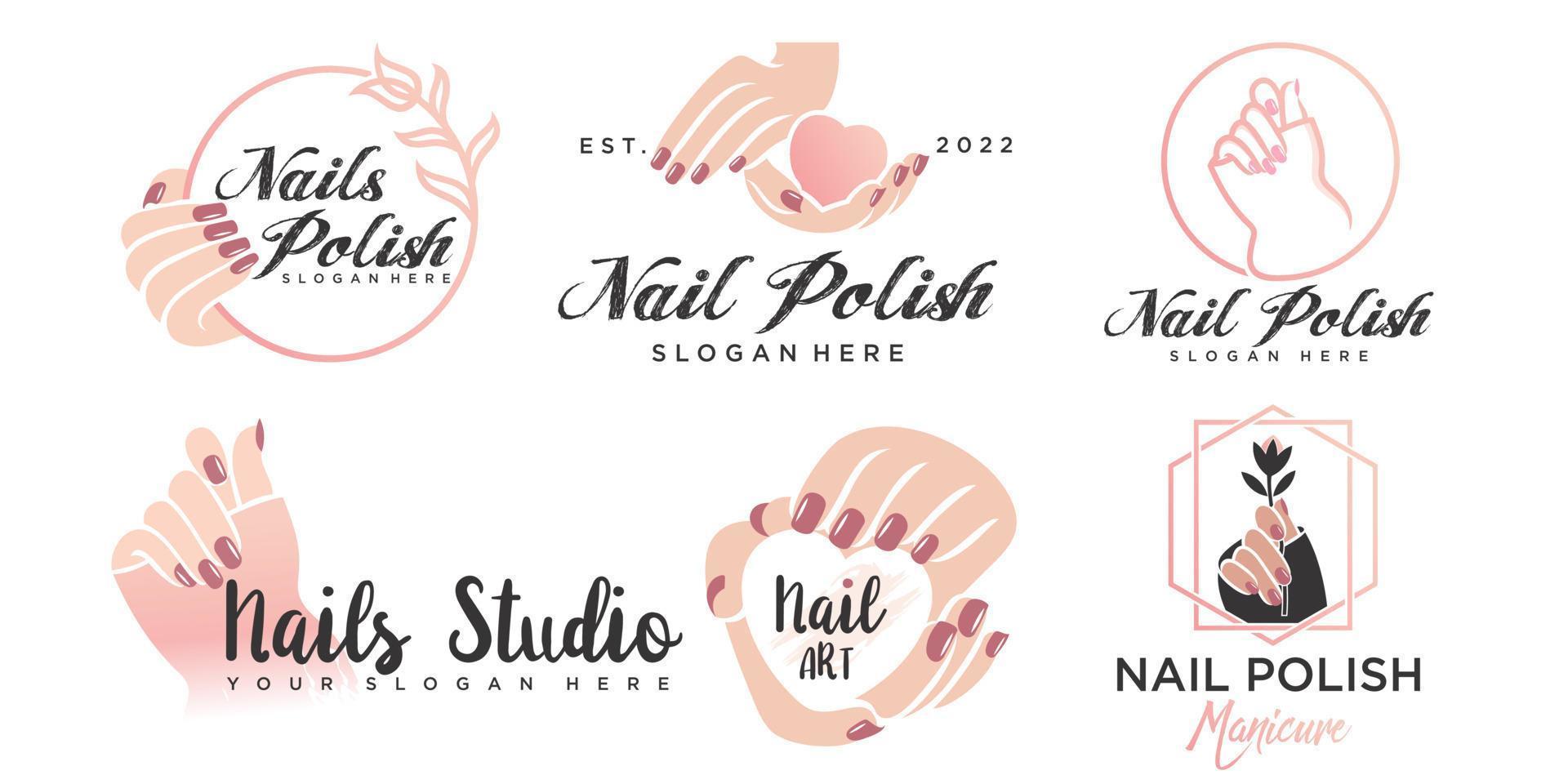 esmalte de uñas o salón de uñas conjunto de iconos diseño de logotipo esmalte de uñas de manicura y logotipo de dedo femenino vector