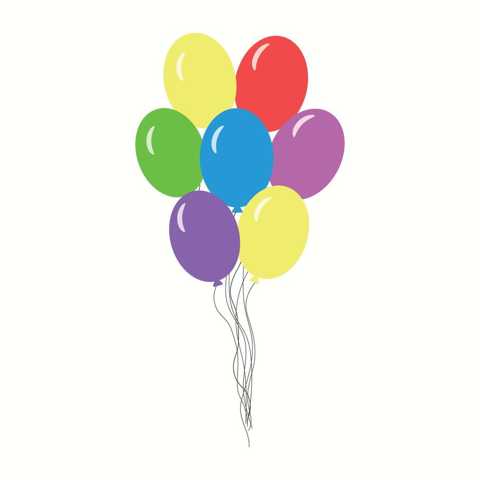 manojo de globos para cumpleaños y fiesta. 7 globos voladores con cuerda. bolas azules, rojas, amarillas, verdes, rosas, lilas en conjunto sobre fondo blanco. globo en estilo de dibujos animados para celebrar y festejar vector