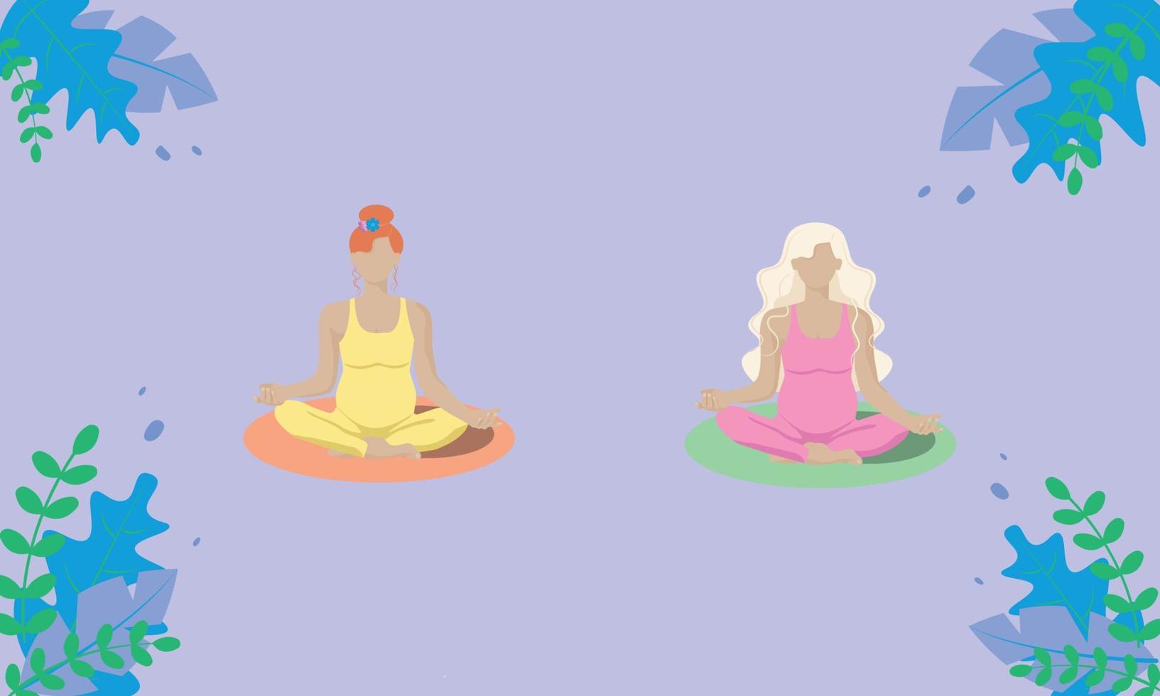 dos chicas embarazadas, de estilo sin rostro con pelo rojo y rubio con trajes amarillos y rosas, se sientan en posición de loto y hacen yoga. vector