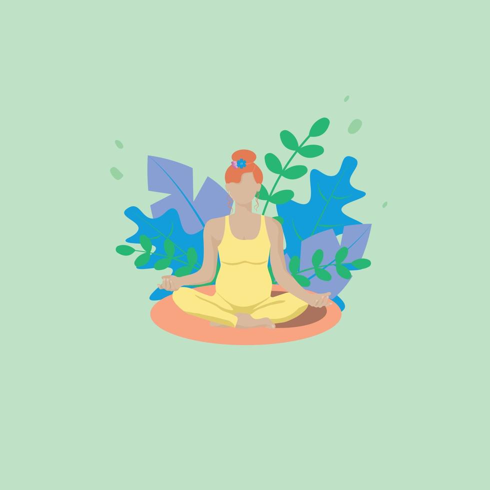 a faceless pregnant girl with red hair in a yellow suit sits in a lotus position and does yoga. vector