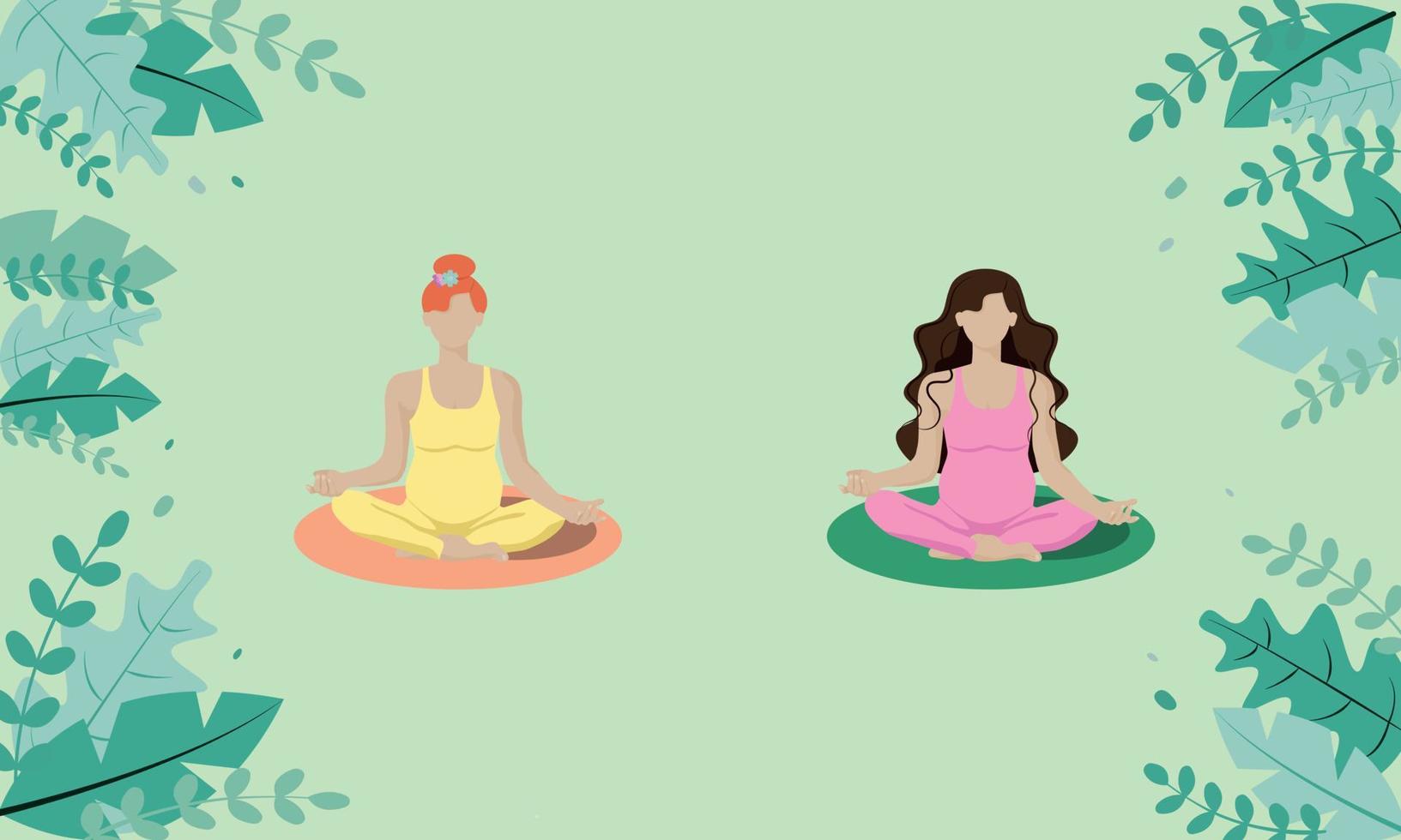 two pregnant girls, faceless style with red and dark hair in yellow and pink suits, on a green background, sit in a lotus position and do yoga. vector