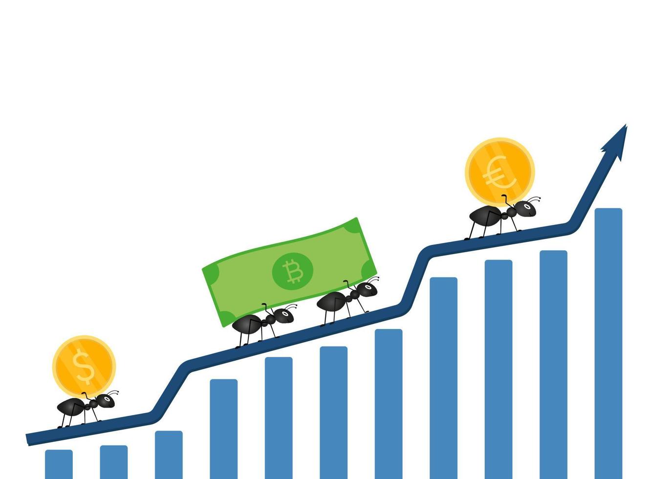 varias hormigas llevan monedas de dólar, euro y bitcoin en la espalda, caminando en un gráfico ascendente vector