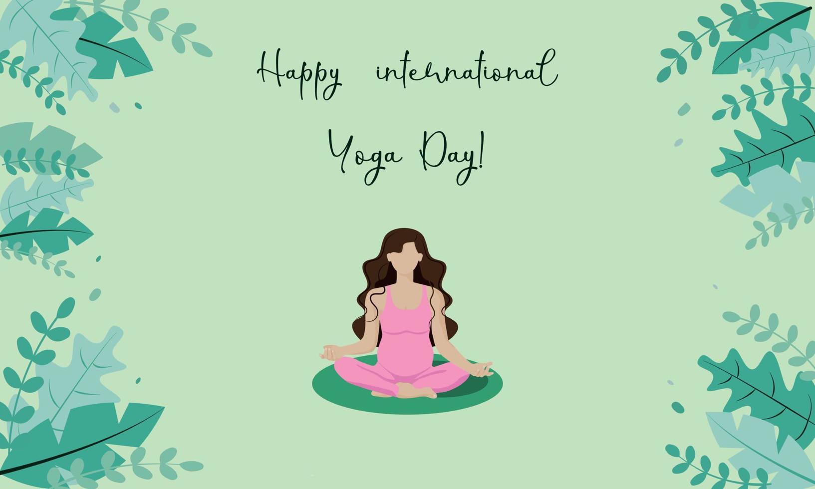 feliz día de yoga tarjeta de felicitación una chica embarazada, en un estilo sin rostro con cabello oscuro en un traje rosa, sobre un fondo verde, se sienta en una posición de loto y practica yoga. vector