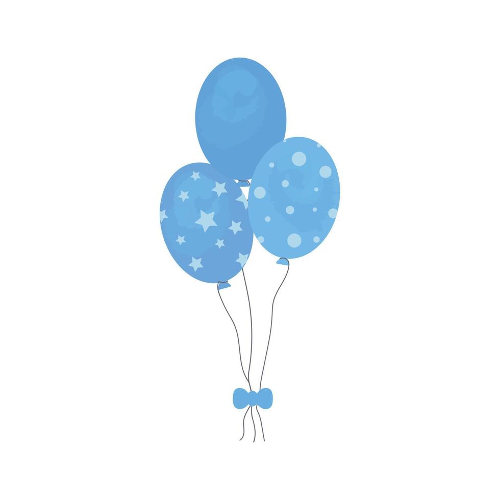 Bunch of balloons for birthday and gender party. Different flying ballons rope. blue balls and stars on white background.Balloon in cartoon style vector