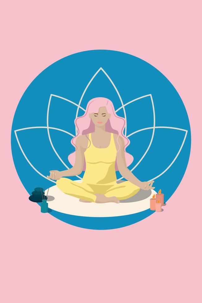a faceless style girl with closed eyes with pink hair in a yellow suit sits in a lotus position and does yoga. vector
