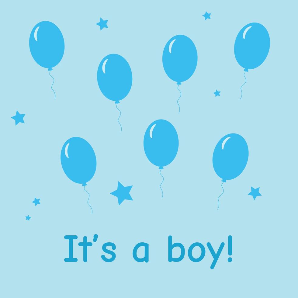 Bunch of balloons for birthday and gender party. Different flying ballons rope. blue balls and stars on blue background with lettering it's a boy Balloon in cartoon style vector