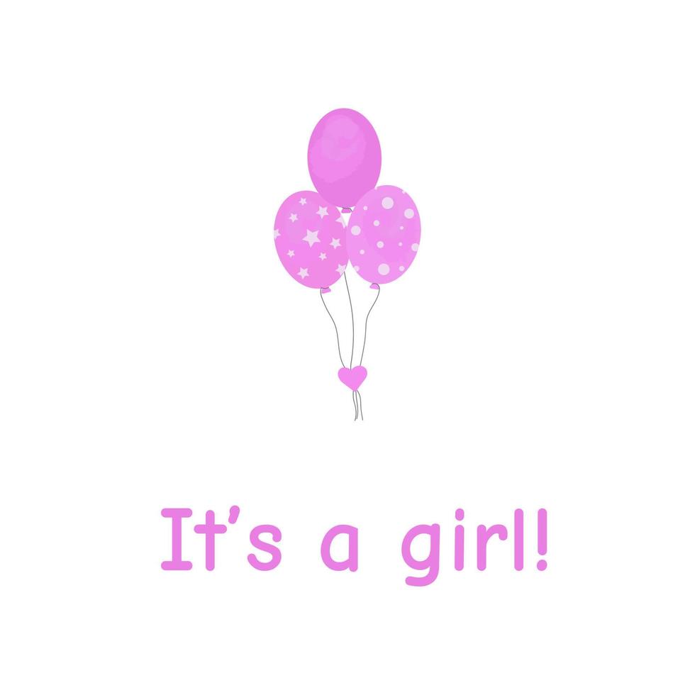 Bunch of balloons for birthday and gender party. Different flying ballons rope. pink balls and hearts on white background with lettering it's a girl Balloon in cartoon style vector