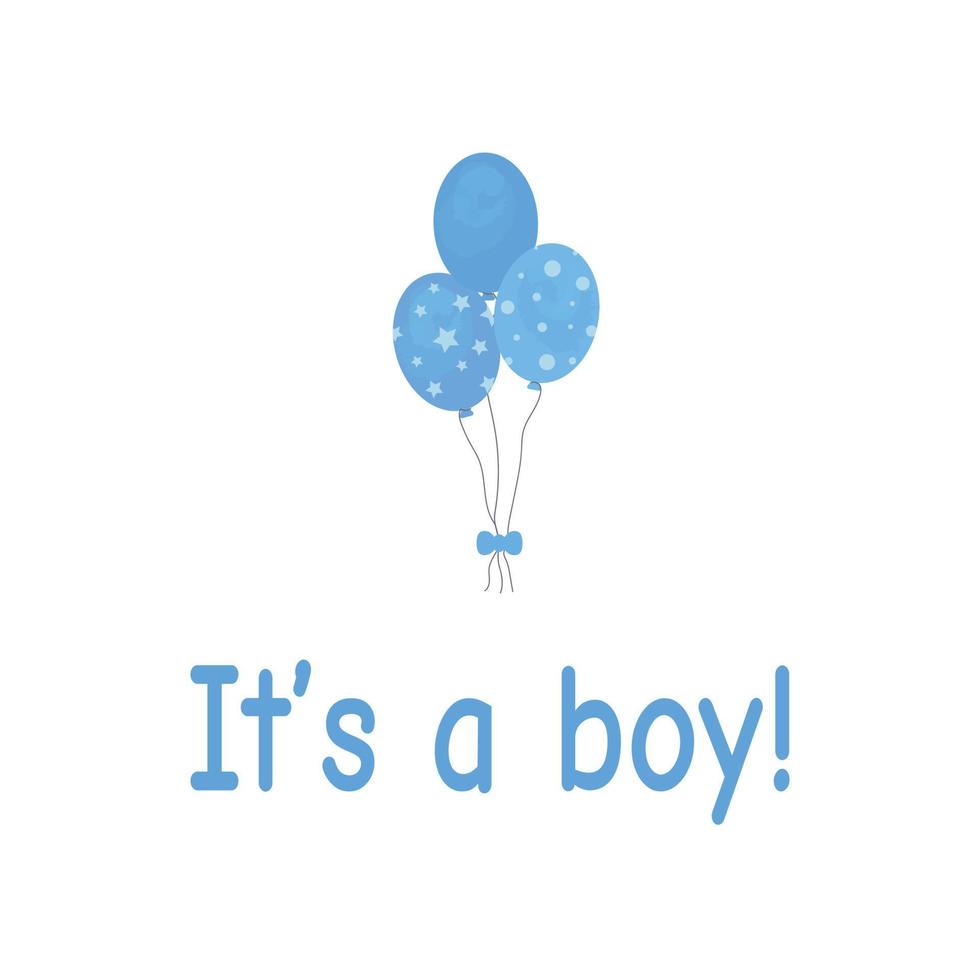 Bunch of balloons for birthday and gender party. Different flying ballons rope. blue balls and stars on blue background with lettering it's a boy Balloon in cartoon style vector