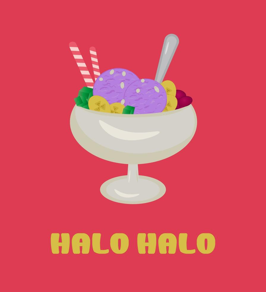 Philippine Cuisine, Halo Halo or Traditional Shaved Ice, Milk with Various Fruits and Beans. Icecream, on a pink background with yellow lettering Halo-halo vector