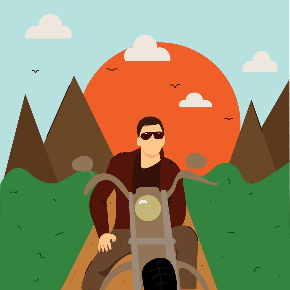 retrato de un motociclista en las montañas en una motocicleta se sienta vector