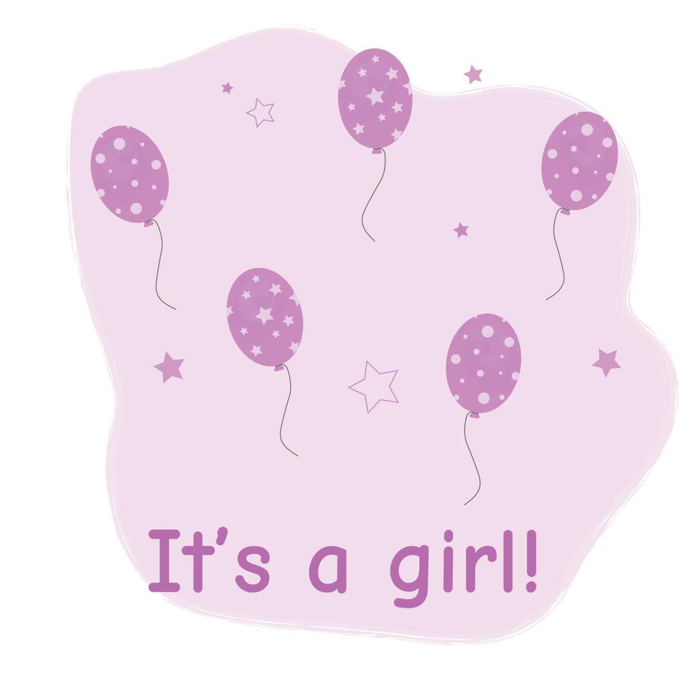 Bunch of balloons for birthday and gender party, different flying ballons rope. pink balls and hearts on white background with lettering it's a girl vector