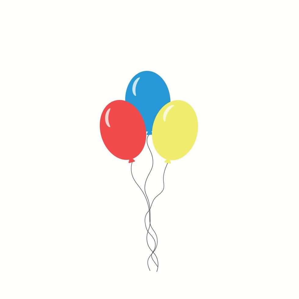 manojo de globos para cumpleaños y fiesta. 3 globos voladores con cuerda. bolas azules, rojas, amarillas en conjunto sobre fondo blanco. globo en estilo de dibujos animados para celebrar y festejar vector