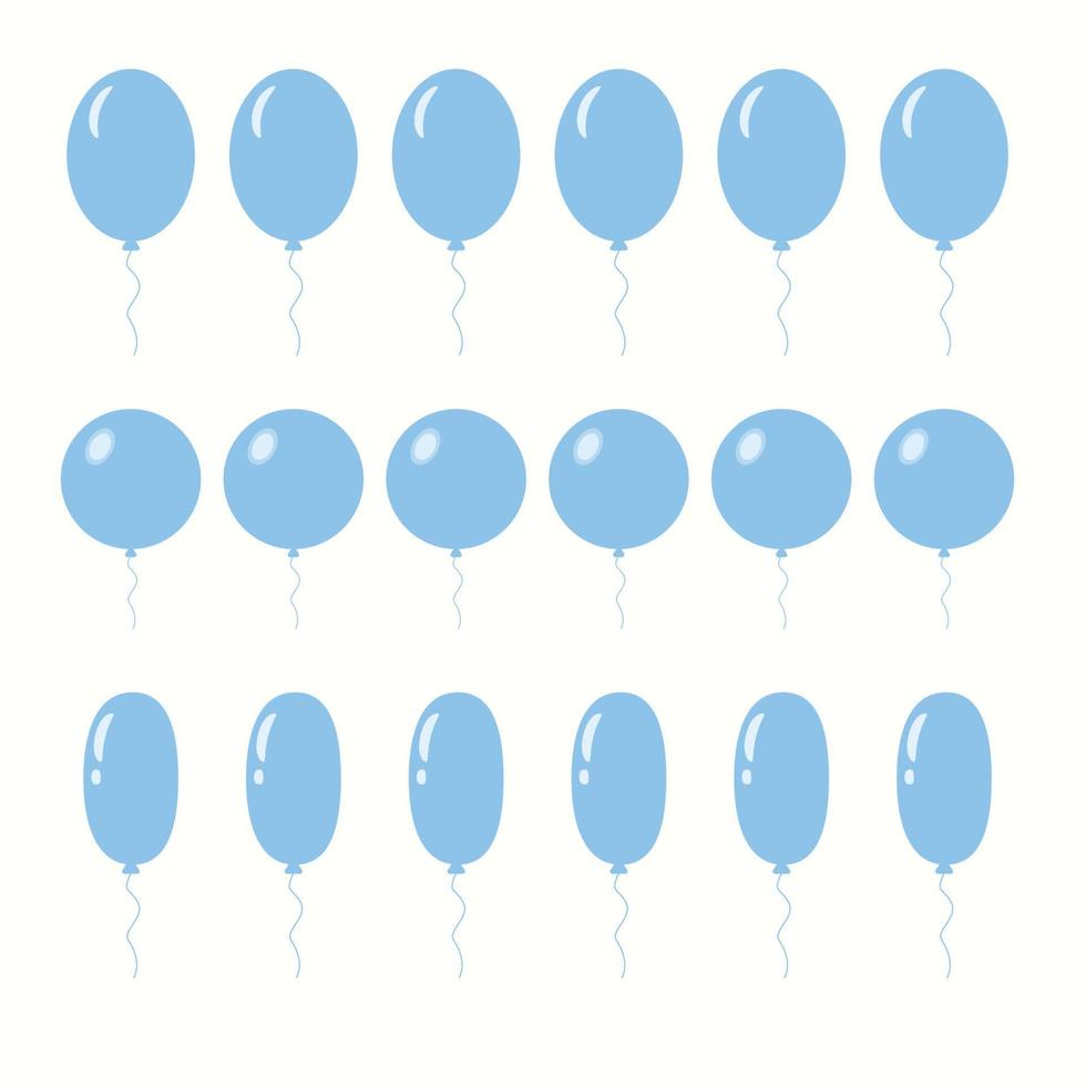 Bunch of balloons for birthday and party. Different flying ballons with rope. Blue balls on white background. Balloon in cartoon style for celebrate and party, for boys, gender party. vector