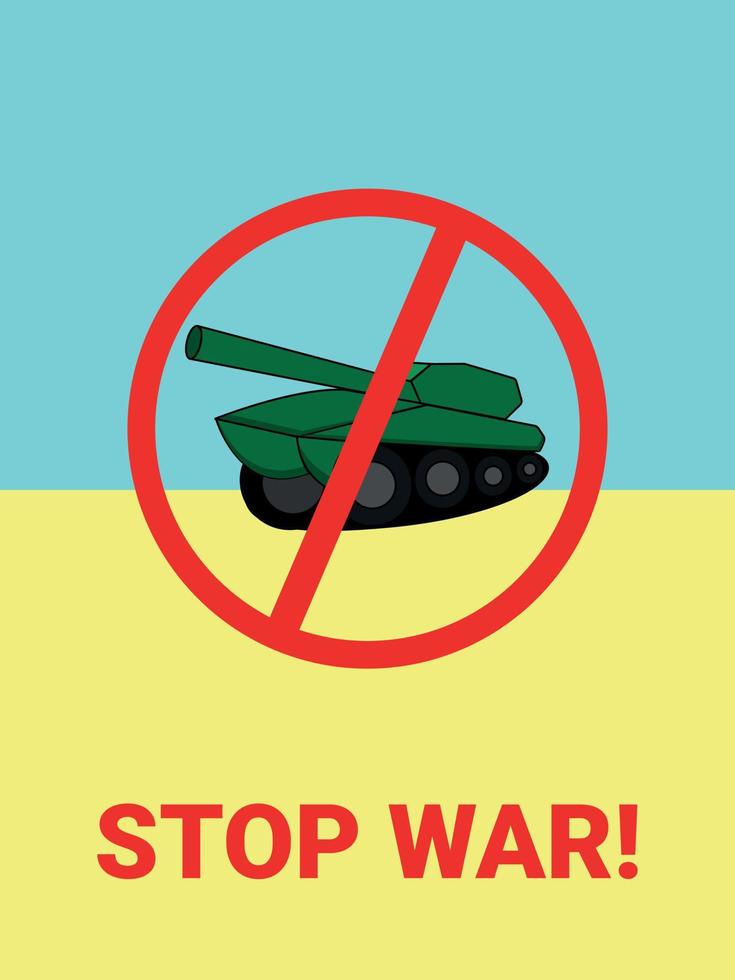 un cartel contra la guerra con un tanque tachado en el fondo de la bandera ucraniana vector