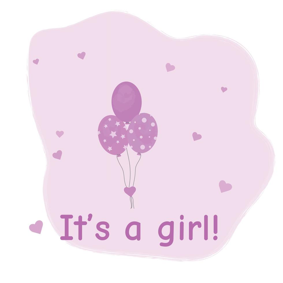 Bunch of balloons for birthday and gender party, different flying ballons rope. pink balls and hearts on white background with lettering it's a girl vector