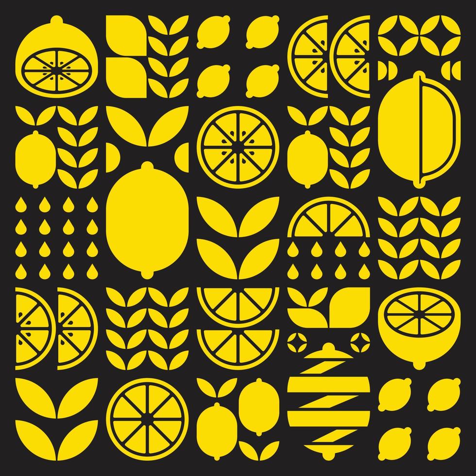 Abstract artwork of lemon fruit pattern icons symbol. Simple vector art, geometric illustration of yellow citrus, orange, lime, lemonade and leaves. Minimalist flat modern design on black background.