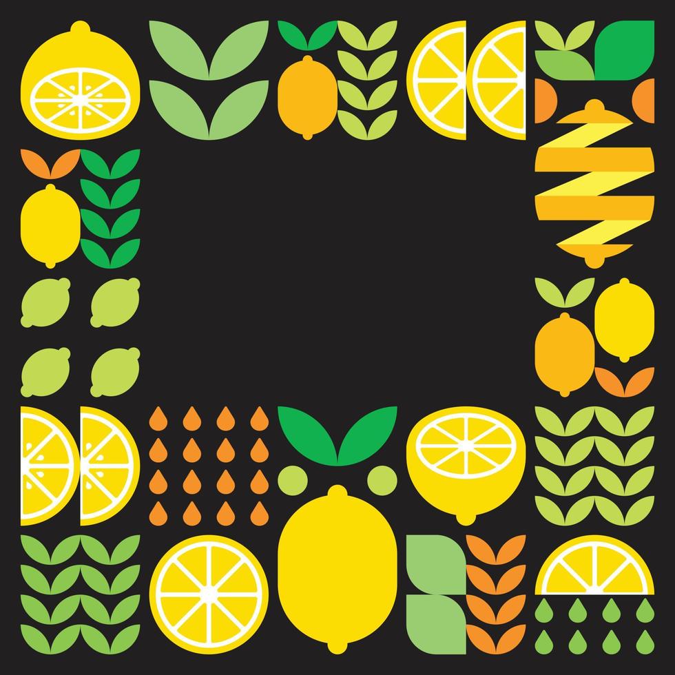 Minimalist flat vector frame, lemon fruit icon symbol. Simple geometric illustration of citrus, oranges, lemonade and leaves. Abstract pattern on black background. For copy space, social media posts.
