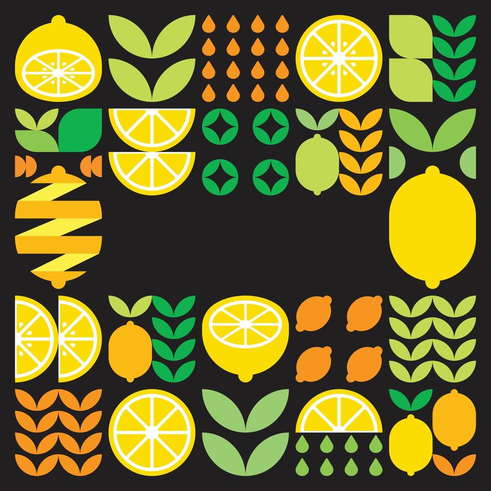 Minimalist flat vector frame, lemon fruit icon symbol. Simple geometric illustration of citrus, oranges, lemonade and leaves. Abstract pattern on black background. For copy space, social media posts.