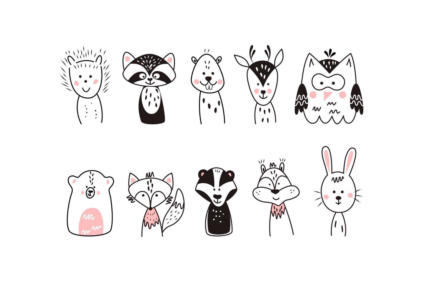 Set of cute cartoon animals in minimalistic style. vector