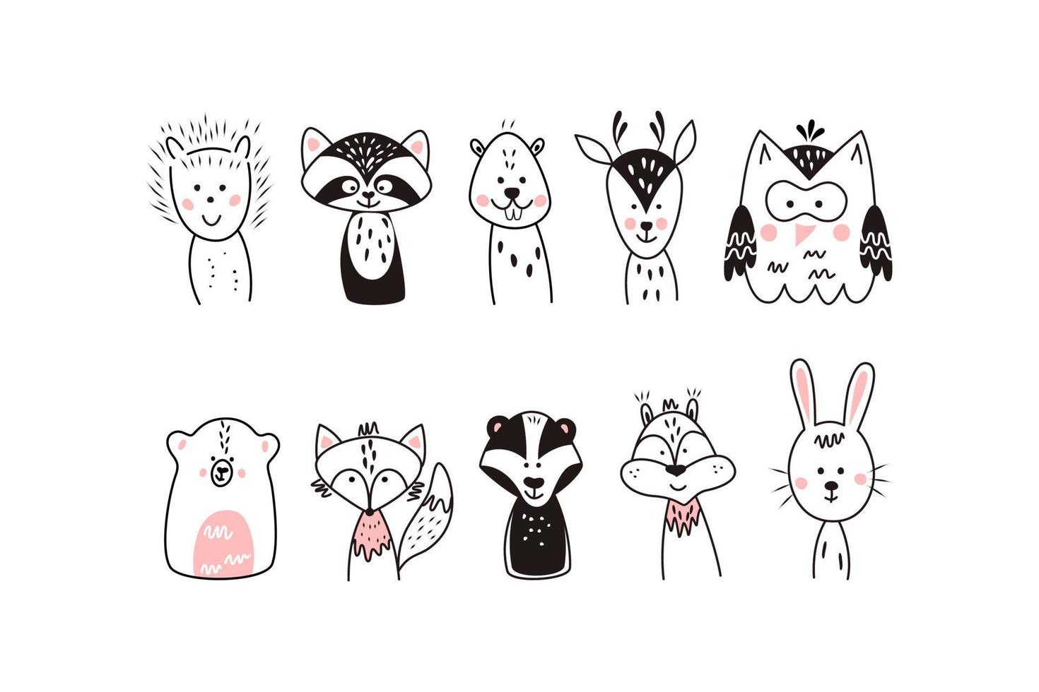 conjunto de lindos animales de dibujos animados en estilo minimalista. vector