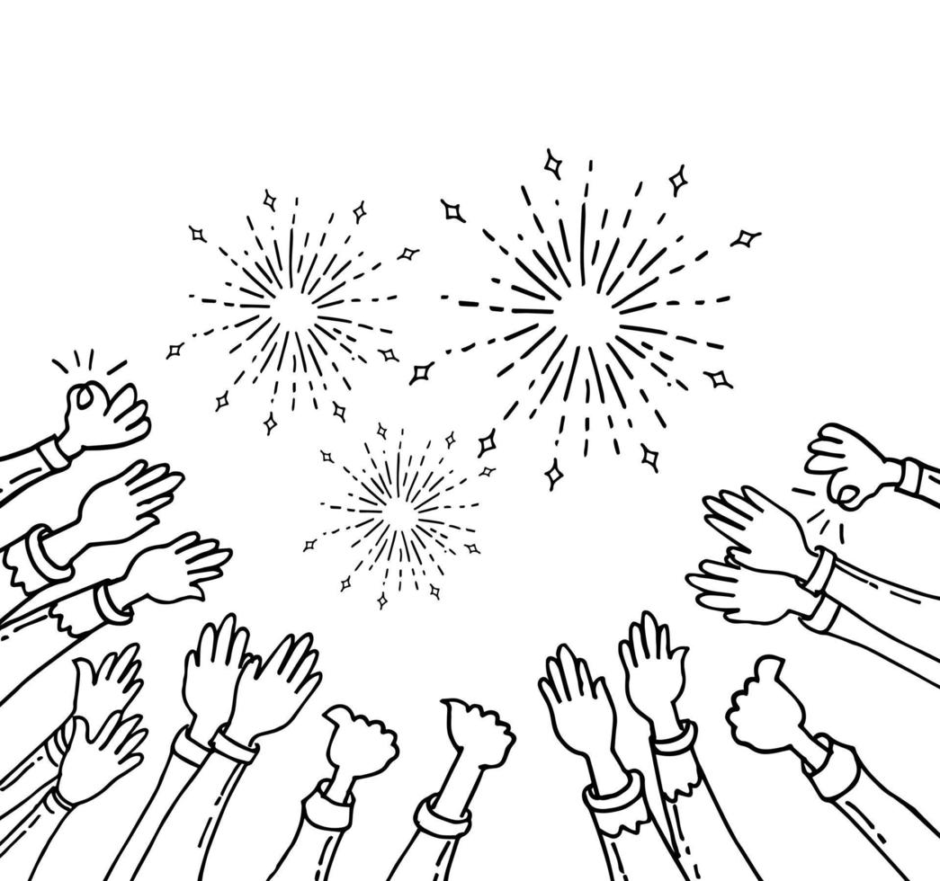 doodle set of hands clapping. hands up applause. thumbs up in hand draw style with fire work element. on white background vector