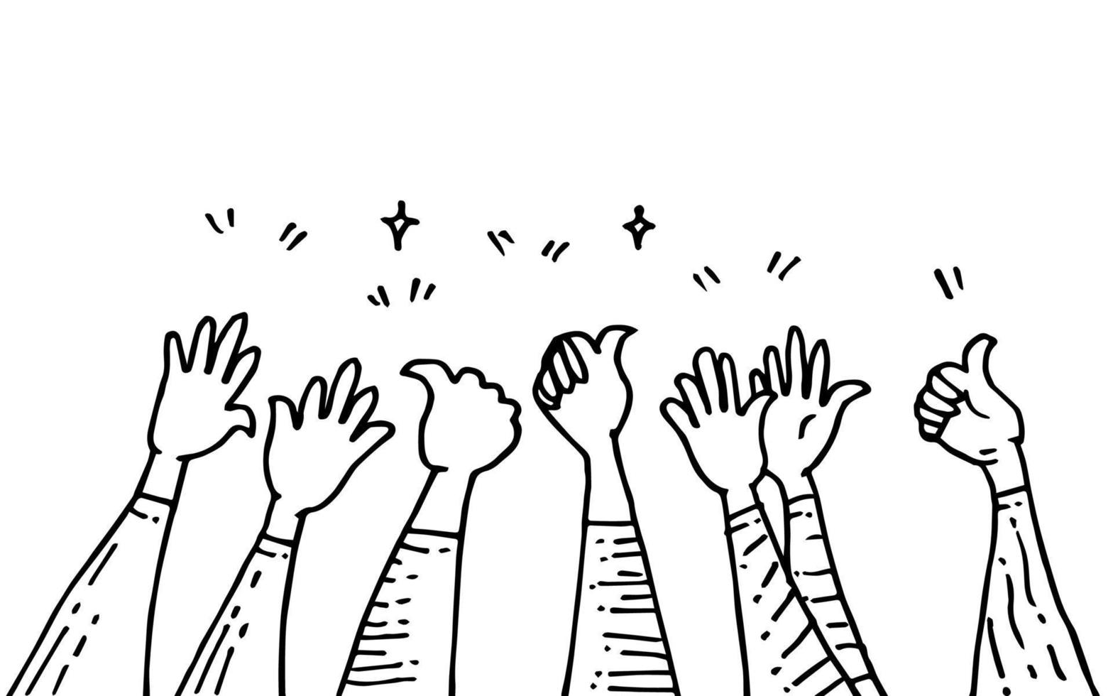 hand drawn of hands up, clapping ovation, applause, thumbs up gesture on doodle style. vector illustration