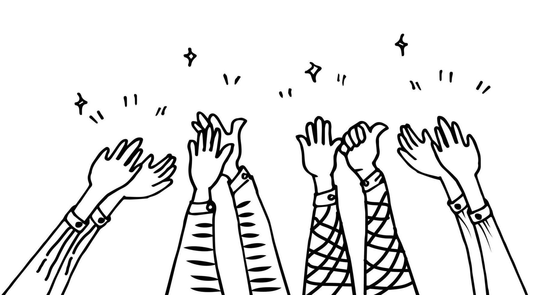 hand drawn of hands up, clapping ovation, applause, thumbs up gesture on doodle style. vector illustration