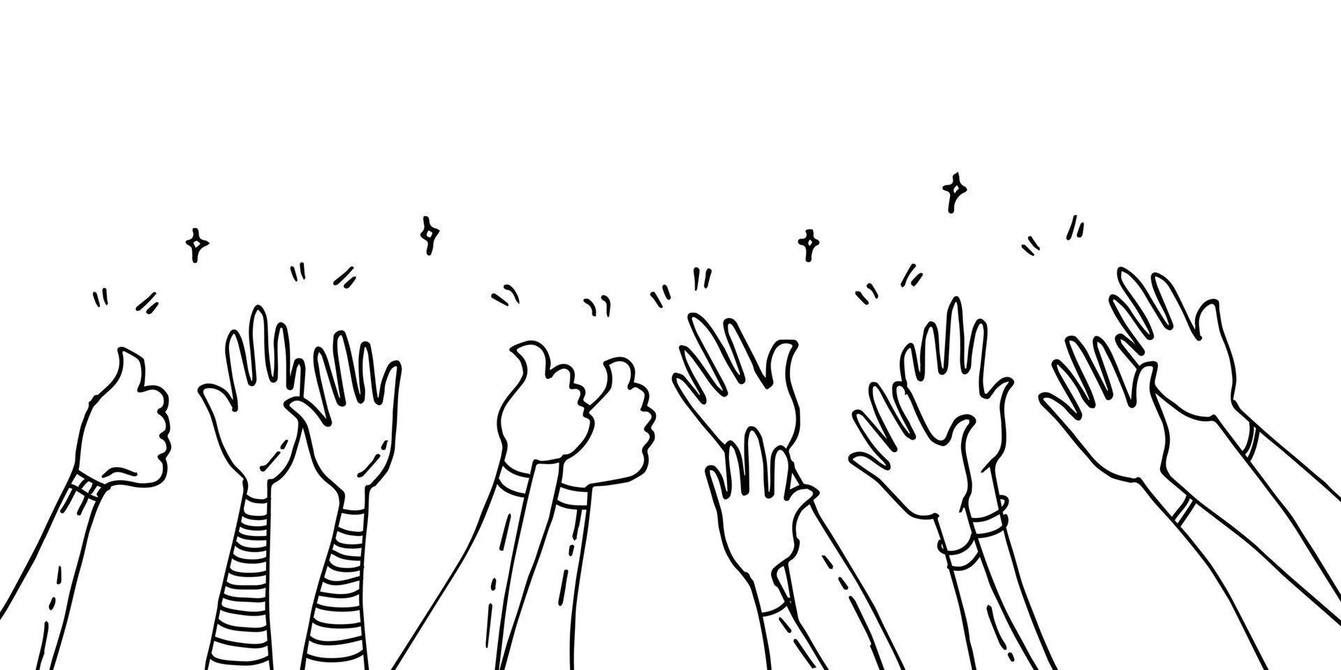 hand drawn of hands up, clapping ovation, applause, thumbs up gesture on doodle style. vector illustration