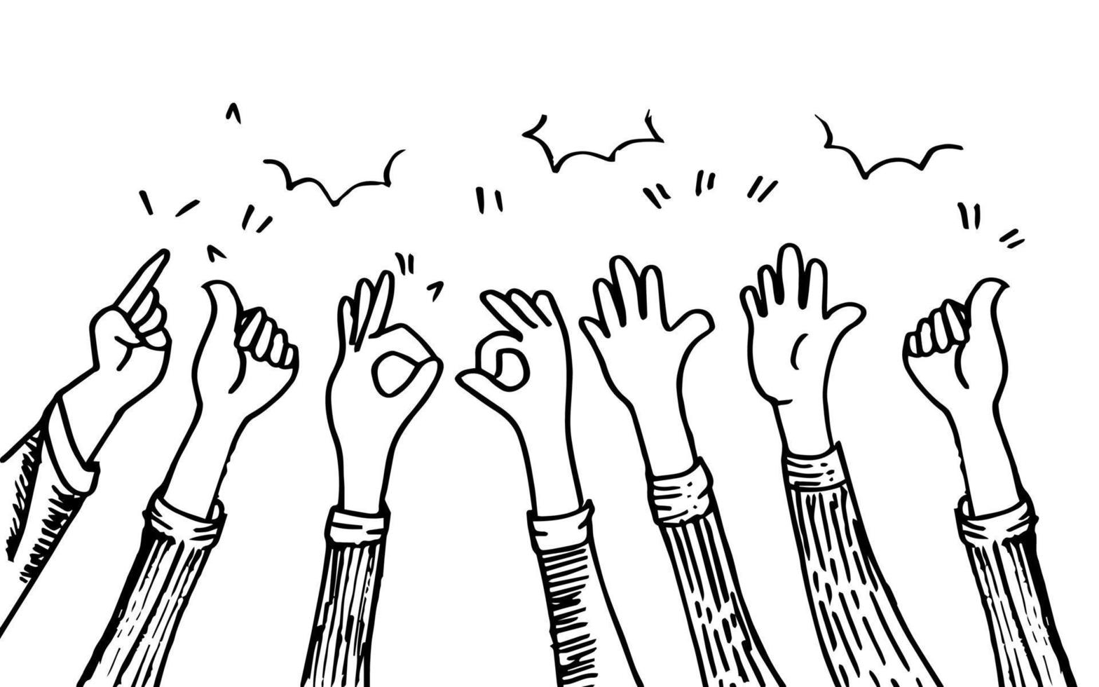 hand drawn of hands up, clapping ovation, applause, thumbs up gesture on doodle style. vector illustration