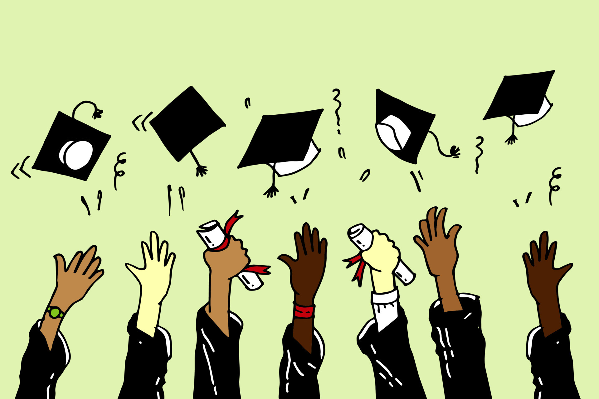 doodle hands up. Graduation Caps Thrown in the Air. vector cartoon