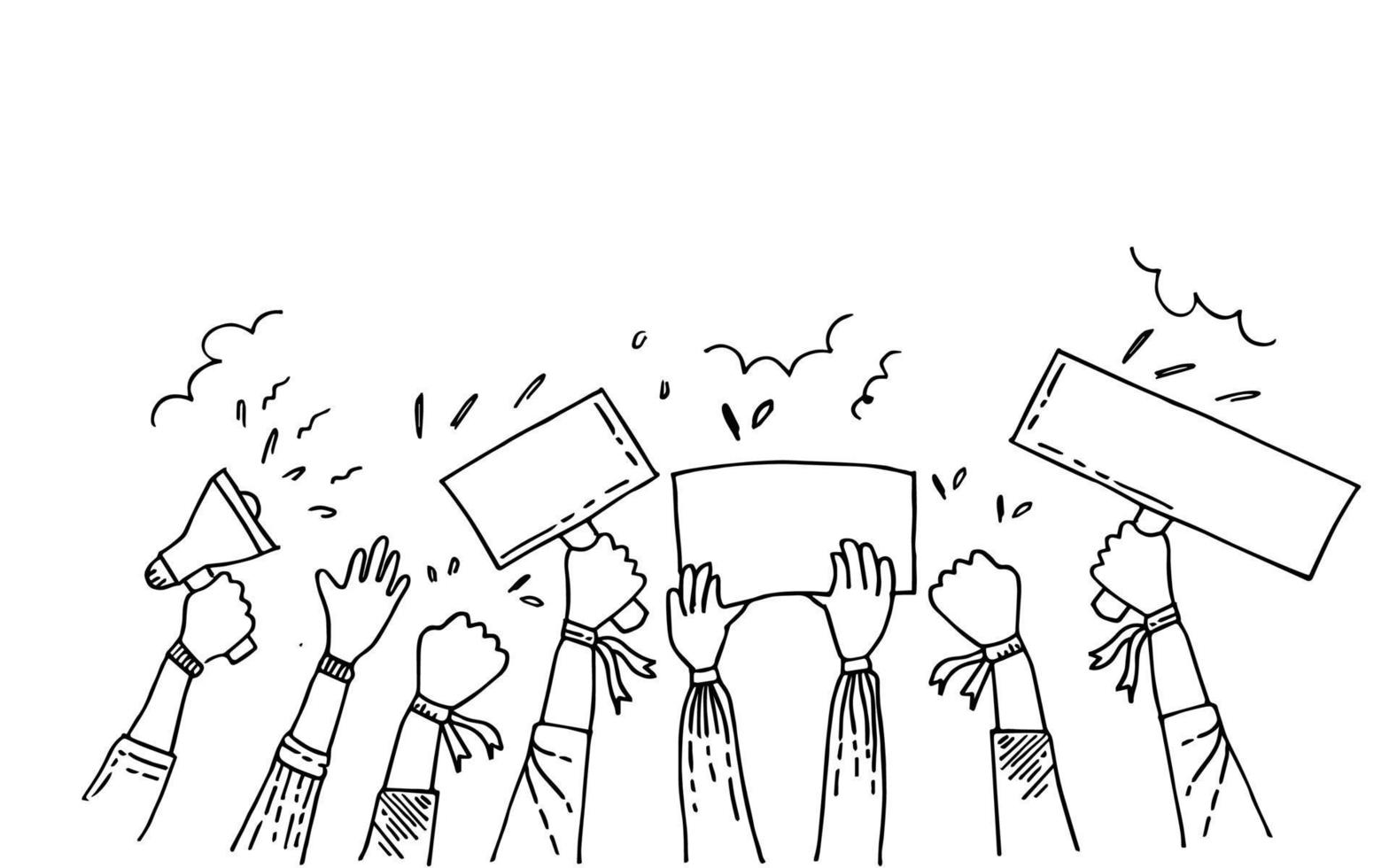 hand drawn vector doodle fist hand, protest symbol, power sign. people protesting about something, with the  blank protest board