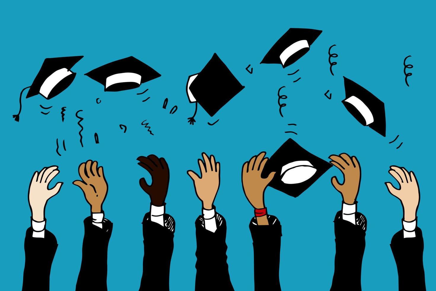 doodle hands up. Graduation Caps Thrown in the Air. vector cartoon illustration