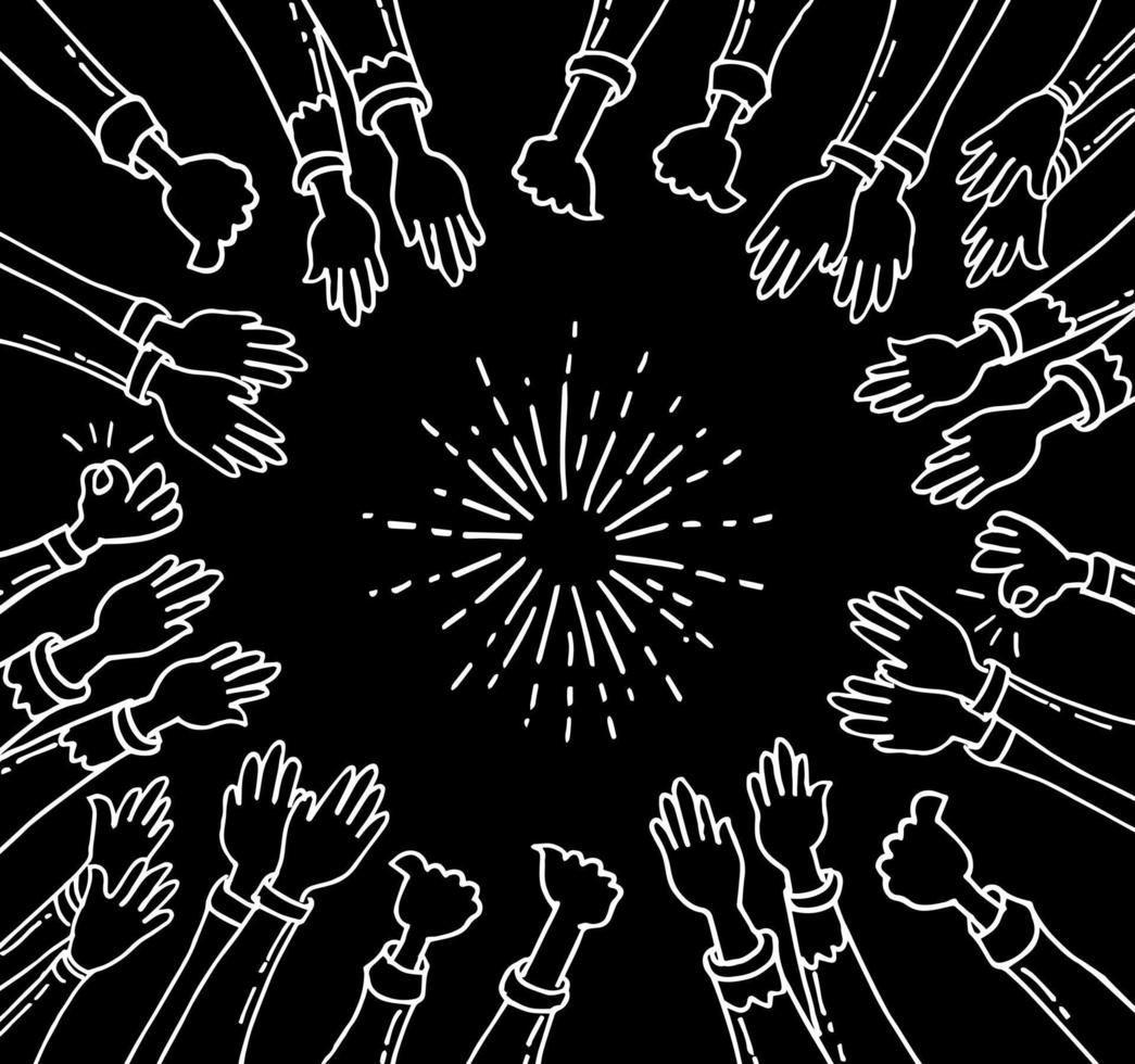 doodle set of hands clapping. hands up applause. thumbs up in hand draw style with fire work element. on black background vector