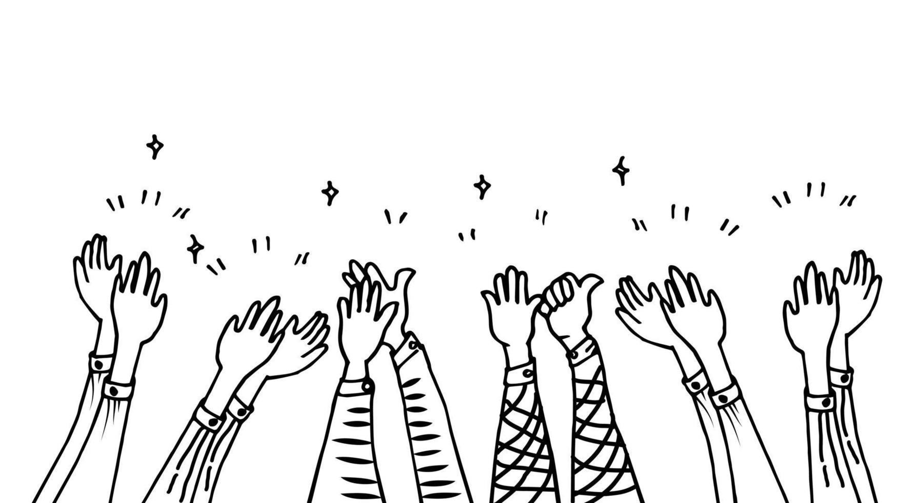 hand drawn of hands up, clapping ovation, applause, thumbs up gesture on doodle style. vector illustration