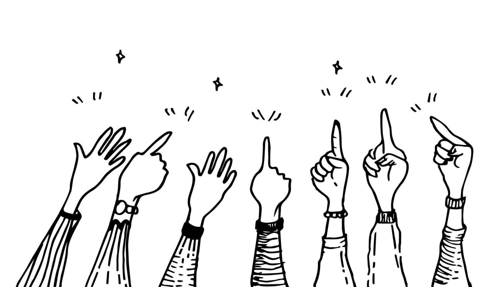 hand drawing with hands up, pointing finger, thumbs up gesture on doodle style , vector illustration