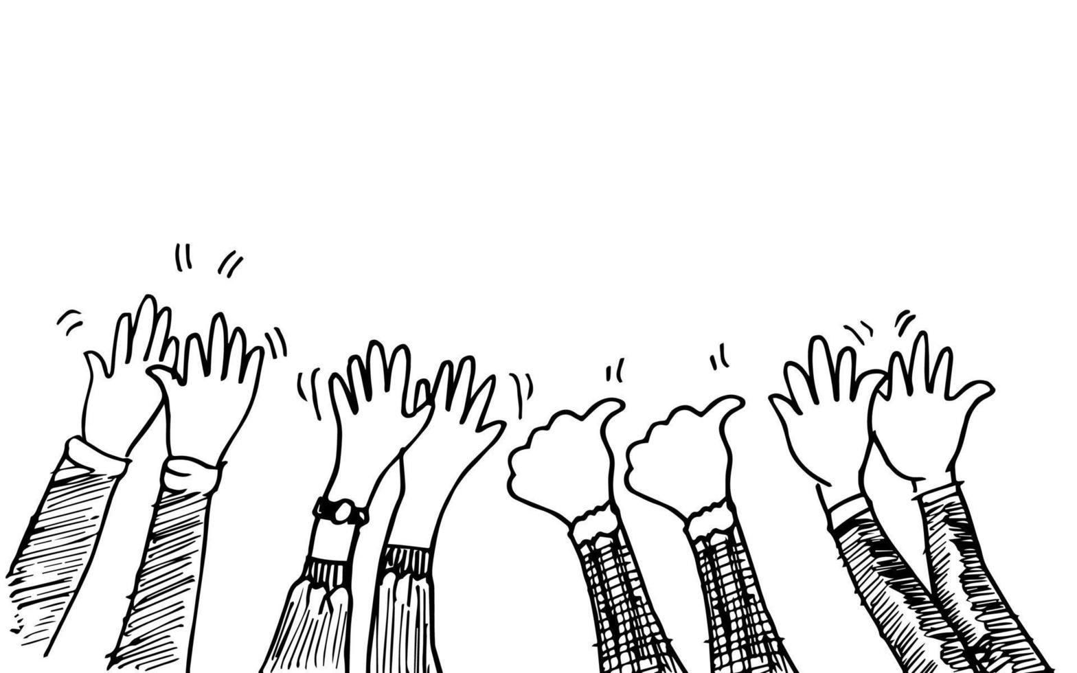 hand drawn of hands up, clapping ovation, applause, thumbs up gesture on doodle style. vector illustration