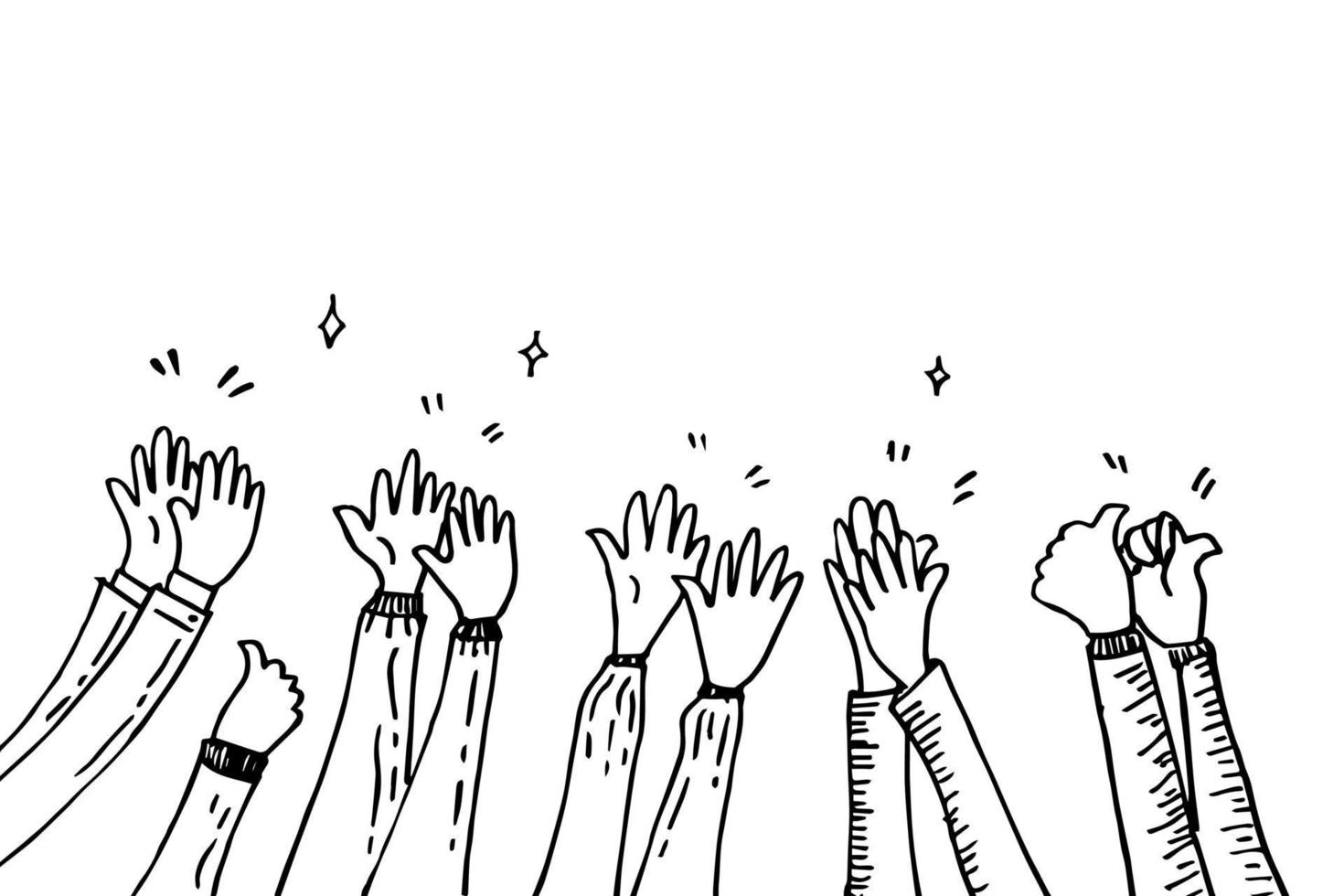 hand drawn of hands up, clapping ovation, applause, thumbs up gesture on doodle style. vector illustration