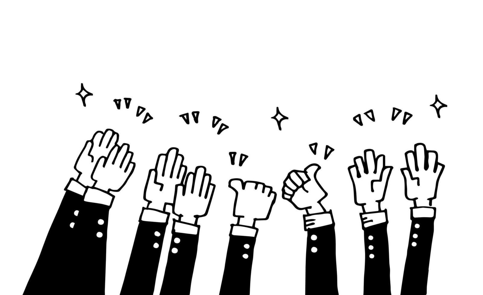 hand drawn of hands up, clapping ovation, applause, thumbs up gesture on doodle style. vector illustration