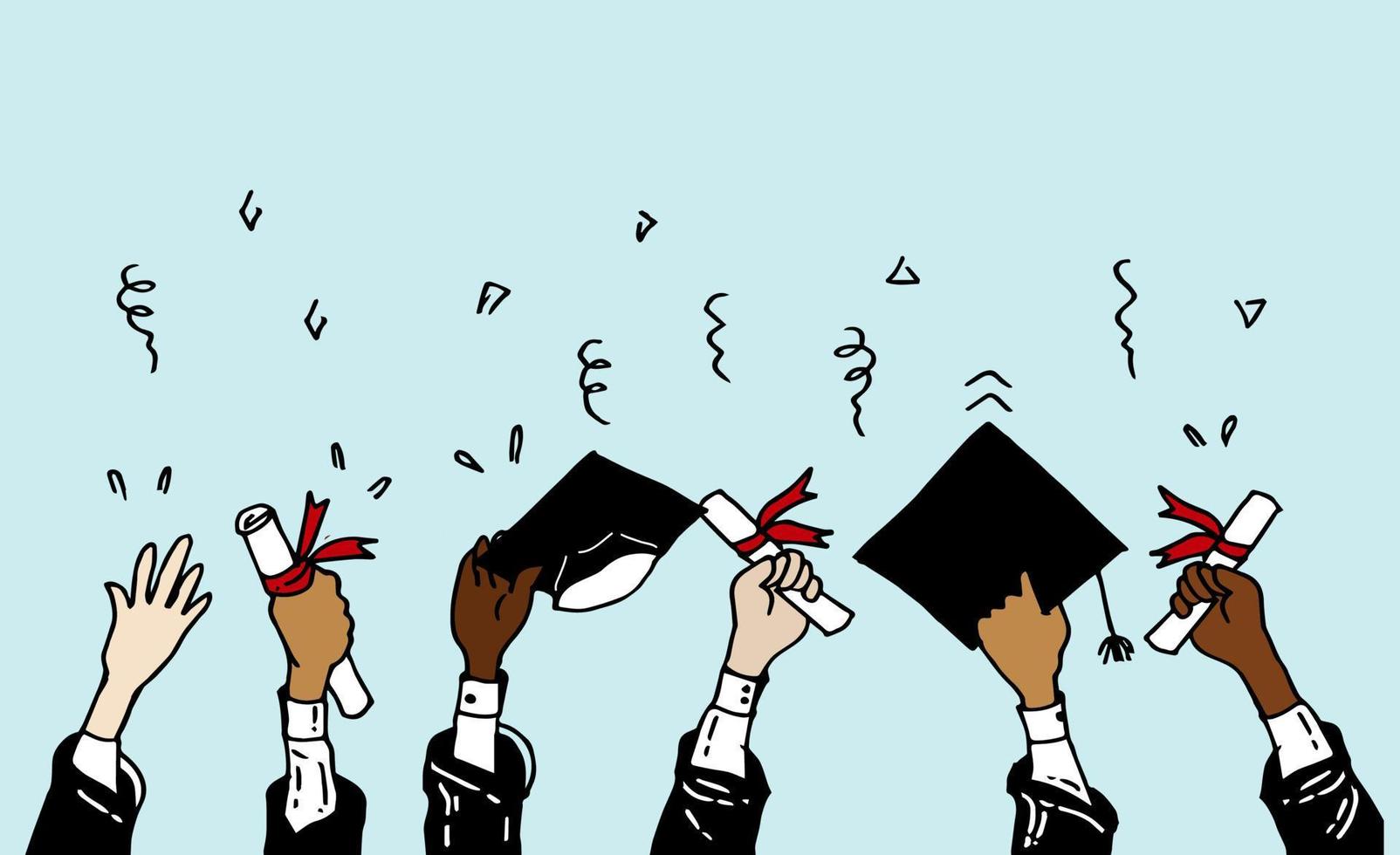 doodle hands up. Graduation Caps Thrown in the Air. vector cartoon illustration